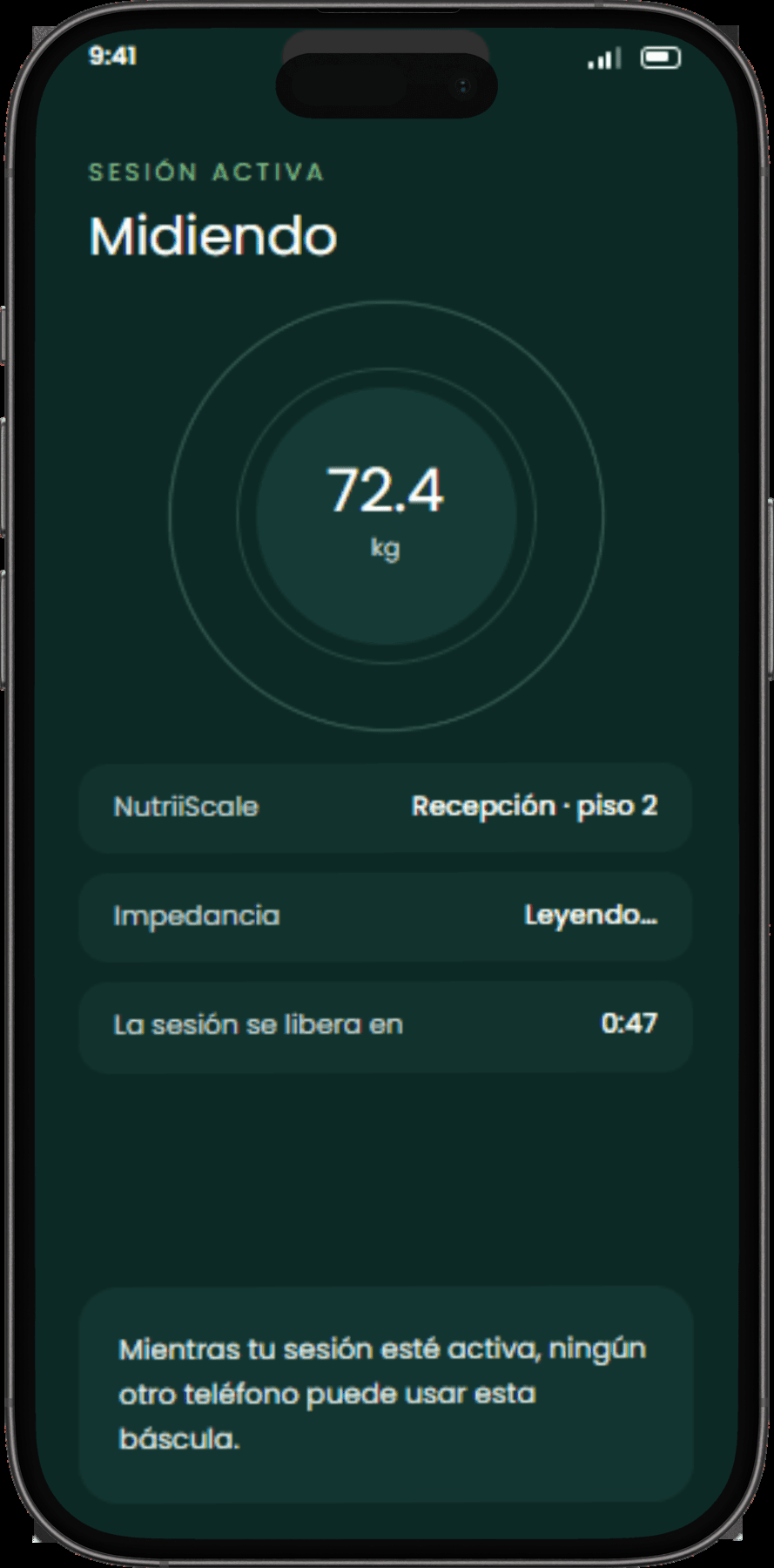 Pantalla de NutriiApp durante una medición